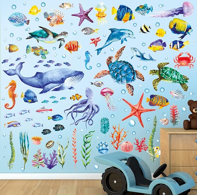 BASHOM DS12-8048 128 Pieces Under The Sea Wall Decals Ocean Fish Stickers Turtle Jellyfish Seaweed Removable for Kids Bedroom Nursery Living Room Home Art Decor Bathroom Baby-PawvioPets