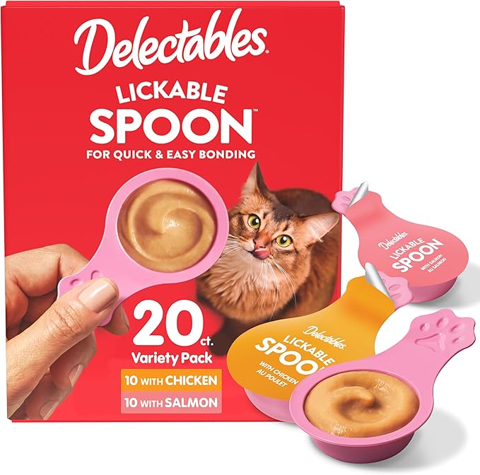 Delectables Lickable Spoon™ Handheld Wet Cat Treats Made with Real Chicken & Salmon, Creamy Puree, Mess Free, Quick & Easy, Grain-Free, No Added Fillers, No Added Preservatives, Variety Pack, 20ct-PawvioPets