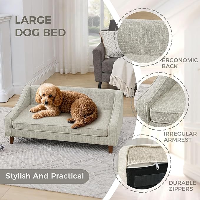 Dog Sofa Couch for Medium to Large Dogs, Durable Pet Sofa with Washable Fabric, Elevated Mini Dog Bed with Wooden Legs for Medium and Large Dogs, Beige-PawvioPets