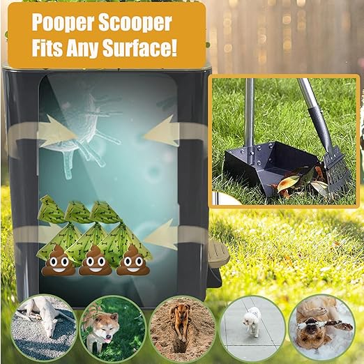 Dog Poop Trash Can Outside Stainless Steel - Metal Pooper Scooper Set - 12L Dog Waste Trash Can Outdoor with Pedal - Backyard, Yard - Removable Inner Bin, Long Handle Tray and Rake - Black and Gold-PawvioPets