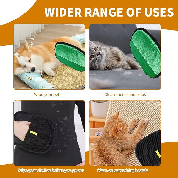 2PCS Electrostatic Pet Grooming Gloves, Reusable Hair Remover for Dog Cat Fur on Clothes Furniture Car Seat/Green-PawvioPets
