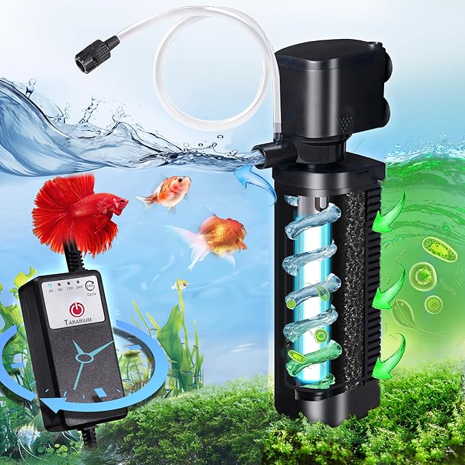 Aquarium Filter U-V w/Scientific 3,6,12,24H Timer 200GPH for 20-75Gal Fish Turtle Tank Bio Sponge Internal Filter Power Pump Deodorization Saltwater Freshwater Killing Green Clean Machine Air Supply-PawvioPets