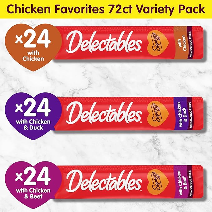 Delectables Squeeze Up Non-Seafood Variety Pack, Creamy Squeezable Puree, Lickable Wet Cat Treats, Grain Free, No Added Fillers, No By-Products, No Added Preservatives, 0.5 Ounces Tube, 72 Tubes Total-PawvioPets