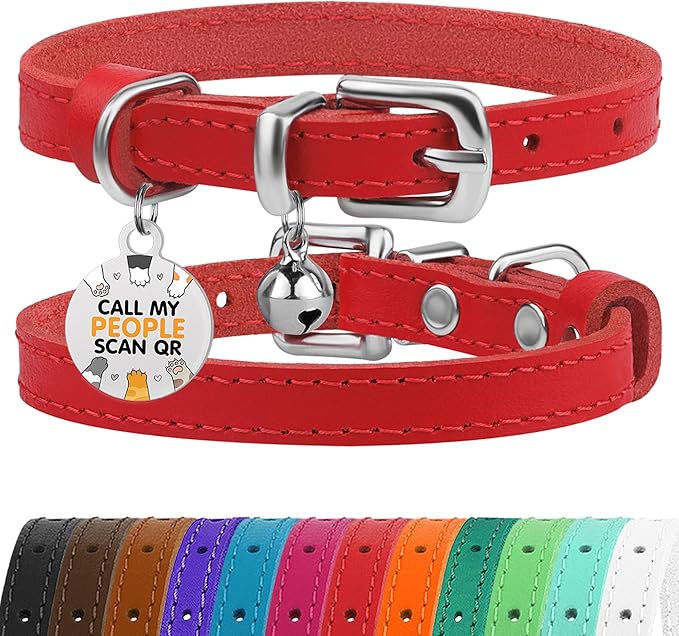 BRONZEDOG Leather Cat Collar with Removable Bells Non Breakaway Kitten QR Tag for Girl Boy (9" - 12" Cats/Mini Dogs, Red & Silver)-PawvioPets