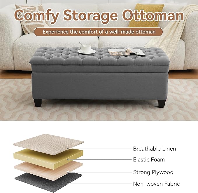 51" Fabric Storage Ottoman Bench, Upholstered Rectangle End of Bed Storage Ottoman Tufted Living Room Bedroom Bench with Safety Hinge, Solid Wood Legs, Loads 500 lb(Dark Grey)-PawvioPets