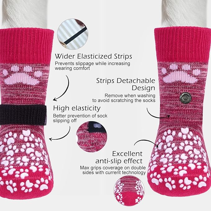 EXPAWLORER Anti Slip Dog Socks to Prevent Licking Paws, Dog Shoes for Hot Pavement, Dog Booties for Small Medium Large Senior Dogs, Traction Control Boots & Paw Protectors for Hardwood Floors Rose-PawvioPets