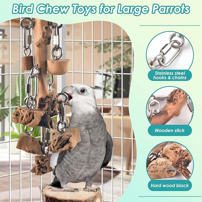Bird Toys for Parrots, Durable Wooden Large Birds Toy with Stainless Steel, Hanging Natural Chew Hardwood Blocks for Macaws, African Greys, Amazon Parrot, Cockatoos and Small Medium Parakeets-PawvioPets