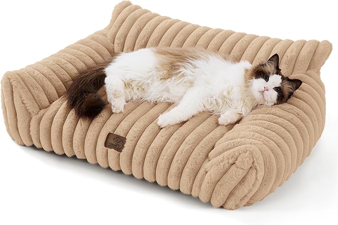 Bedsure Cute Cat Couch for Pets - Fluffy Small Dog Sofa with Premium Soft Corduroy Fleece, Pet Sofa with Removable Washable Cover, Supportive Dog Couch Bed for Small Medium Dogs, 30inch, Tuscan Beige-PawvioPets