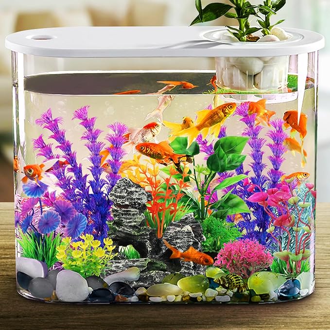 Fish Tank Accessories Aquarium Decorations Plants, 9pcs Colorful Fish Tank Artificial Plants and Cave Rock Decor Set, Aquarium Decor Plastic Plants-PawvioPets