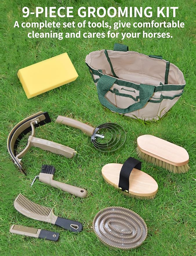 9 Pieces Horse Grooming Kit, Tack Room Supplies Set with Tote Bag, Horse Brush Set for Effective Cleaning and Bathing, Professional Equine Coat Care Kit for Horse Riders Beginner-PawvioPets
