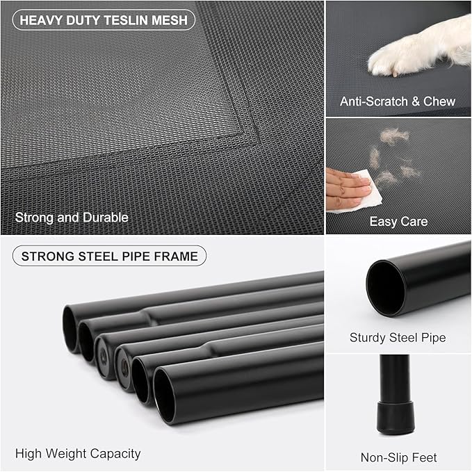 Cooling Elevated Dog Bed with Non-Slip Floor Protectors & Breathable Mesh, Raised Indoor & Outdoor Dog Cot Hammock, 41" L x 32" W x 8" Th, Medium, Grey-PawvioPets