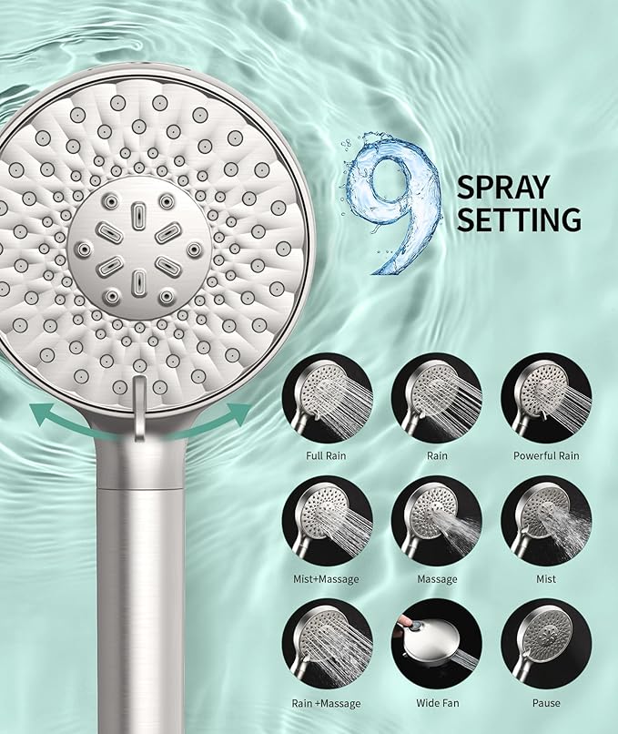 Filtered Shower Head with Handheld, High Pressure 9 Spray Mode Brushed Nickel Showerhead with Filters, detachable shower head,Water Softener Filters Beads for Hard Water - Remove Chlorine-PawvioPets
