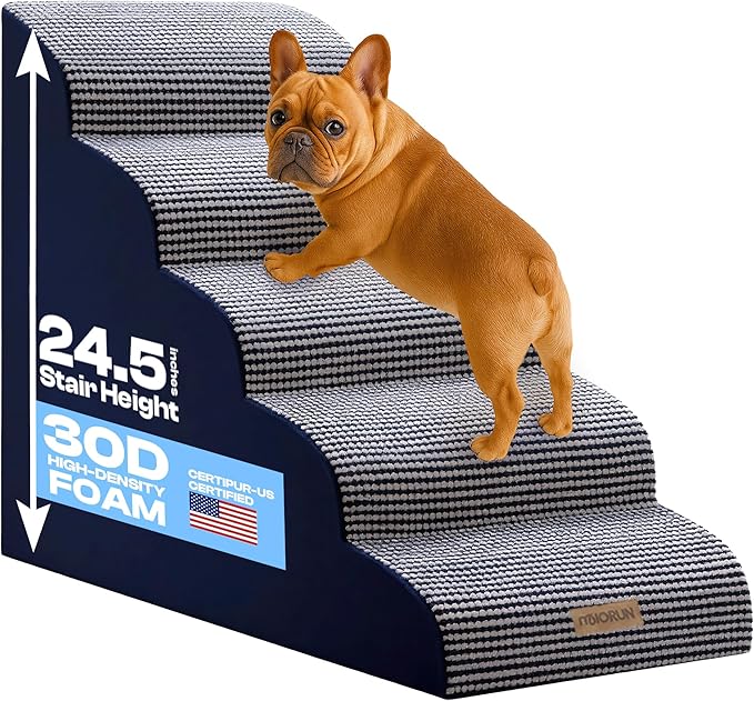 Curved Dog Stairs for High Bed Up to 26", 5-Step Dog Ramp for Small Dogs with Washable Cover, Non-Slip Steps for Cats to Get on Couch and Sofa, Durable Foam Ladder for Medium Breeds, White Navy-PawvioPets