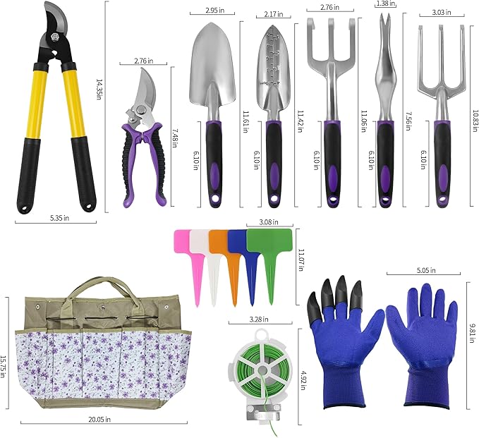 41-Piece Premium Gardening Tool Set, Stainless Steel Heavy Duty Gardening Tool Kit, with Non-Slip Rubber Grip, Storage Tote Bag, Outdoor Hand Tools, Ideal Gardening Gifts for All (Purple Floral)-PawvioPets