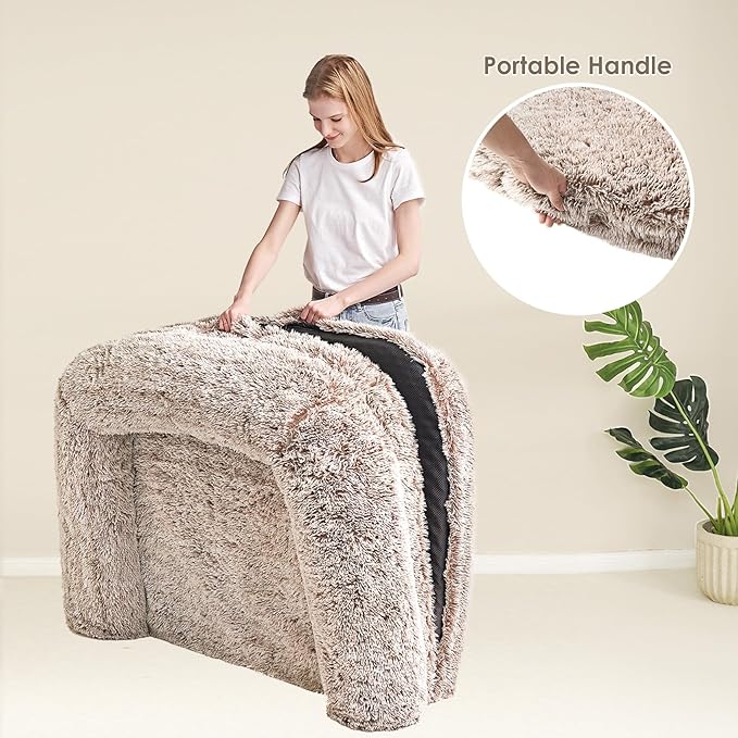 EHEYCIGA Foldable XXL Dog Bed, Faux Fur Fluffy Pet Couch Bed for Extra Large Dogs, Orthopedic Calming Memory Foam Pet Bed, Washable Soft Pet Sofa Bed with Non-Slip Bottom, Faded Brown, 54"x38"x7.5"-PawvioPets