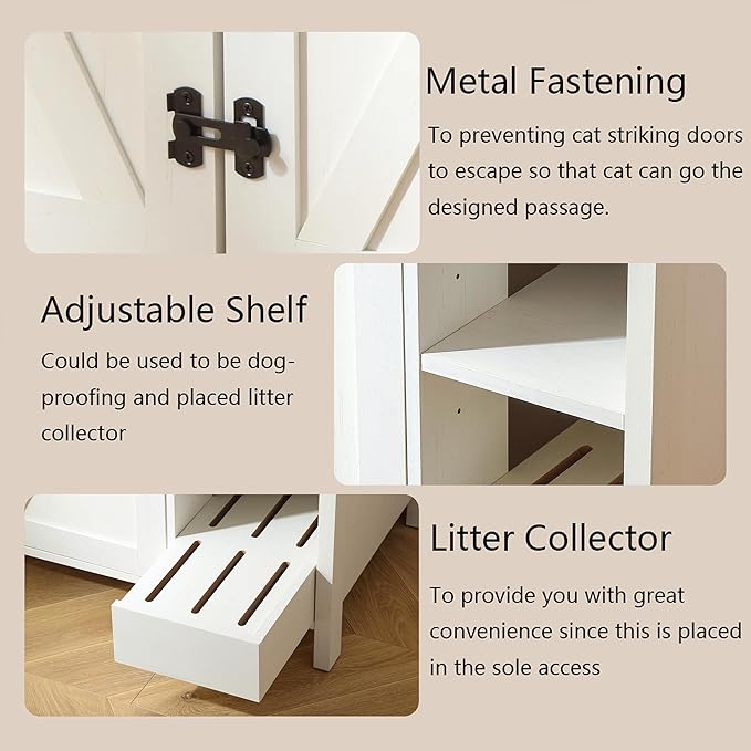 41.3'' Cat Litter Enclosure,Adjustable Shelf for Dog Proof and Storage,Locks Added for Cat, Litter Collector,Small Indoor Cat House,Antique White-PawvioPets