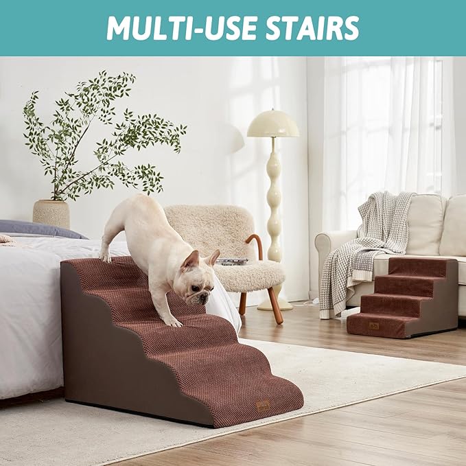 Extra Wide Dog Stairs 19.7" Width, Large Pet Step for Small Medium Dog, Puppy or Cat, Ramp for High Bed or Car, High Density Foam Ladder, Stable, 5 Step, 19.7x33x22.4 inch, Brown-PawvioPets