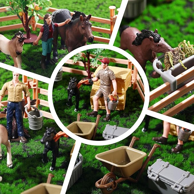 27 Pcs Horse Ranch Playset, 5 Horse Figurines 3 People Figurines 8 Fence 3 Model Trees 1 Moss Mat for Diorama Project Educational Gift Cake Topper-PawvioPets