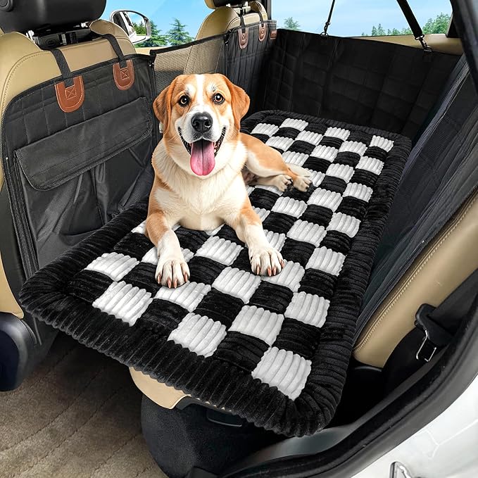Dog Car Bed Mat, Non-Slip Backseat Extender Pet Blanket, Plaid Dog Bed for SUVs, Sedans & Trucks, Chew-Resistant Travel Pad for Dogs, Easy Clean & Scratch-Proof & Comfort (50"x24.6")-PawvioPets