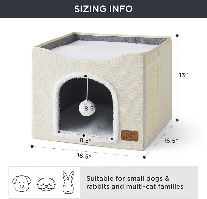 Bedsure Cat Beds for Indoor Cats - Large Cat Cave for Pet Cat House with Fluffy Ball Hanging and Scratch Pad, Foldable Cat Hideaway, 16.5x16.5x13 inches, Ivory-PawvioPets