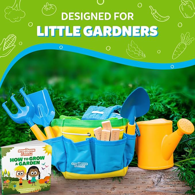 Blue Kids Gardening Tools - Includes Sturdy Tote Bag, Watering Can, Gloves, Shovels, Rake, and Delightful Children's Book - Kids Garden Tool Set -Easter Gifts for Toddler Age on up.-PawvioPets