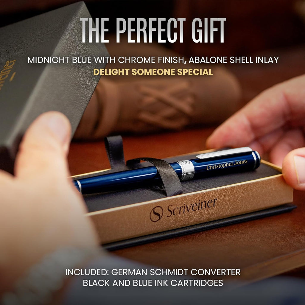 Scriveiner Personalized Midnight Blue Pen - Stunning Blue Lacquer Luxury Pen, Chrome Finish, German Schmidt Nib (Medium), Best Engraved Fountain Pen Gift Set for Men & Women, Name Engraving