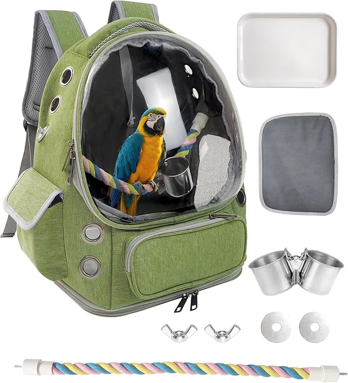 Bird Backpack Carrier Travel Cage with Perch, Tray &Food Cups for African Greys, Conures Parakeet Cockatiel Budgie,Small Animal Pet Carrier Bag for Vet Hiking Camping-PawvioPets