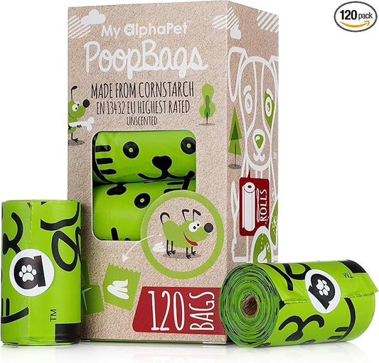 Compostable Dog Poop Bags, Cornstarch Eco-Friendly, HOME COMPOST NF T 51-800, 120 Count, Large Size Bag 9x13 Inches, 8 Unscented Refill Rolls, Leak-proof, Plantbased, GM-Free Corn-PawvioPets