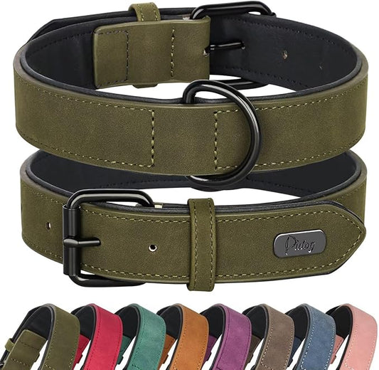 Didog Soft Padded PU Leather Dog Collar, Breathable and Adjustable Dog Collars for Medium Dogs, Comfortable for Daily Walk, Dark Green, L Fit Neck 13-17"(22-44 lbs)-PawvioPets