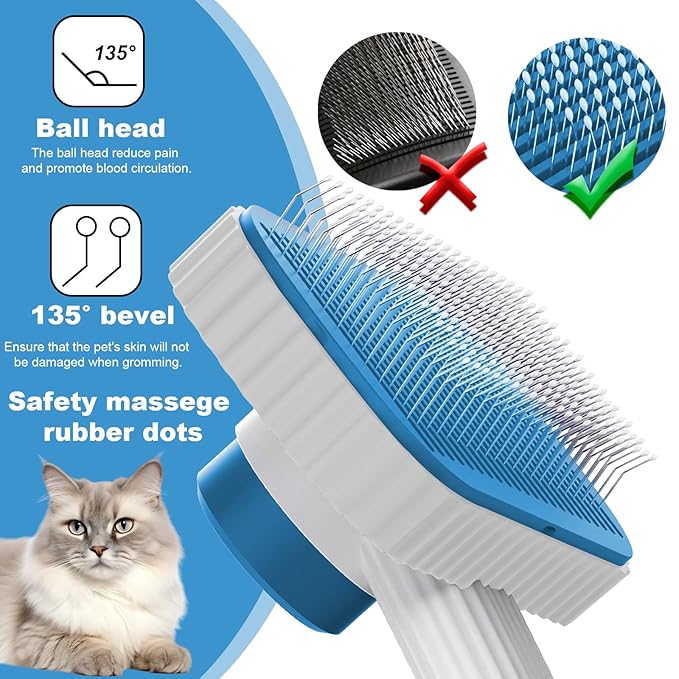 Cat brush, Cat Brush for Long or Short Haired Cats, Remove Loose Fur and Mats, Rounded Pins Reduces Painful Pulling, Not for Tangle and Curly Fur, Azure-PawvioPets