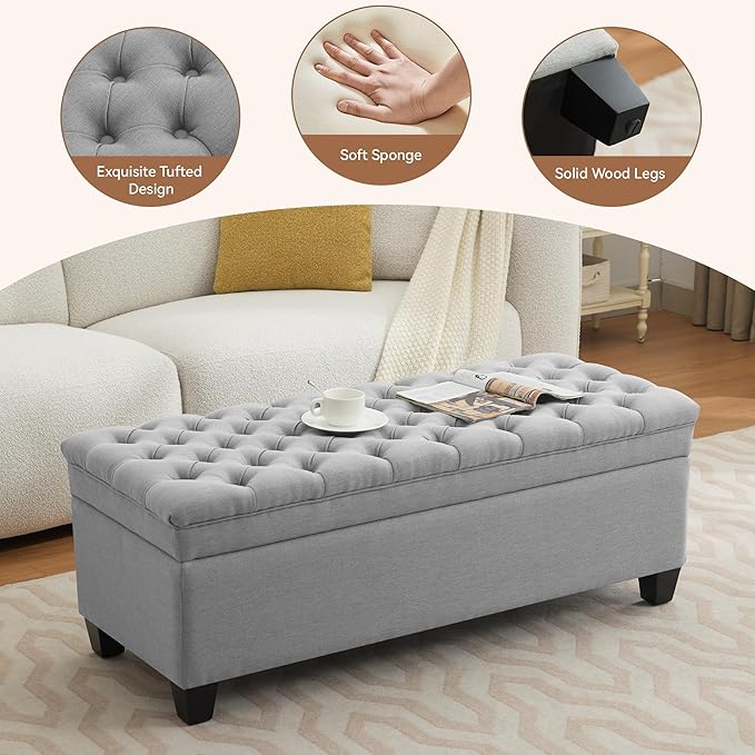 51" Fabric Storage Ottoman Bench, Upholstered Rectangle End of Bed Storage Ottoman Tufted Living Room Bedroom Bench with Safety Hinge, Solid Wood Legs, Loads 500 lb(Light Grey)-PawvioPets