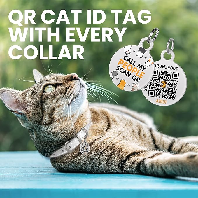 BRONZEDOG Leather Cat Collar with Removable Bells Non Breakaway Kitten QR Tag for Girl Boy (7" - 9" for Cats, White & Silver)-PawvioPets