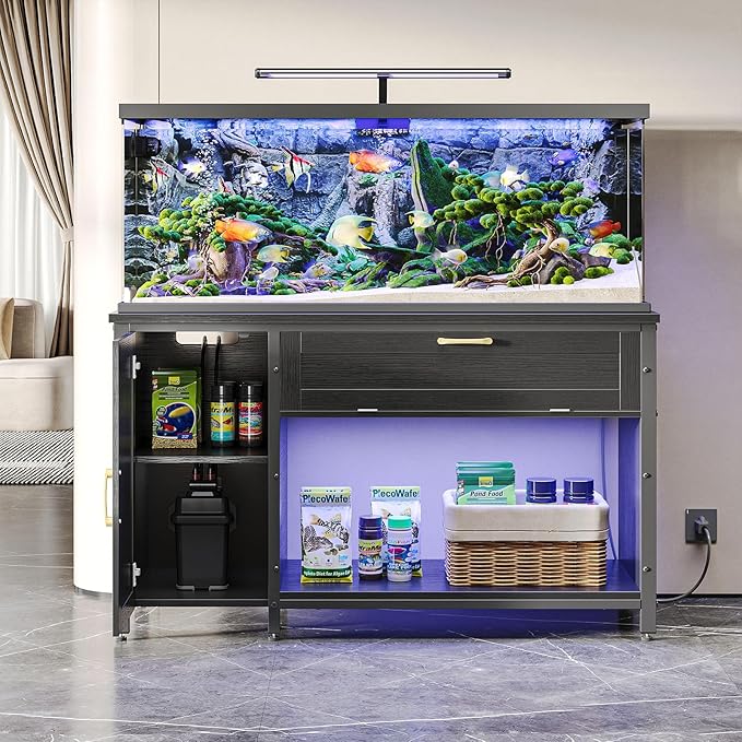 Bestier 55-75 Gallon Fish Tank Stand with Power Outlet&LED Light, 49x19 Heavy-Duty Metal Aquarium Stand with Cabinet&Drawer for Accessories Storage, Suit for Reptile/Turtle Terrarium, 726Lbs Capacity-PawvioPets