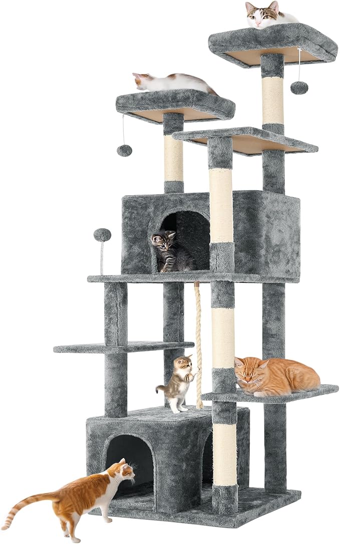 69in Large Cat Tree Tower for Indoor Cats with Soft Plush Hang Ball, Two Condos, Sisal Scratch Posts & Rope Play for Kittens/Adult Cats, Grey-PawvioPets