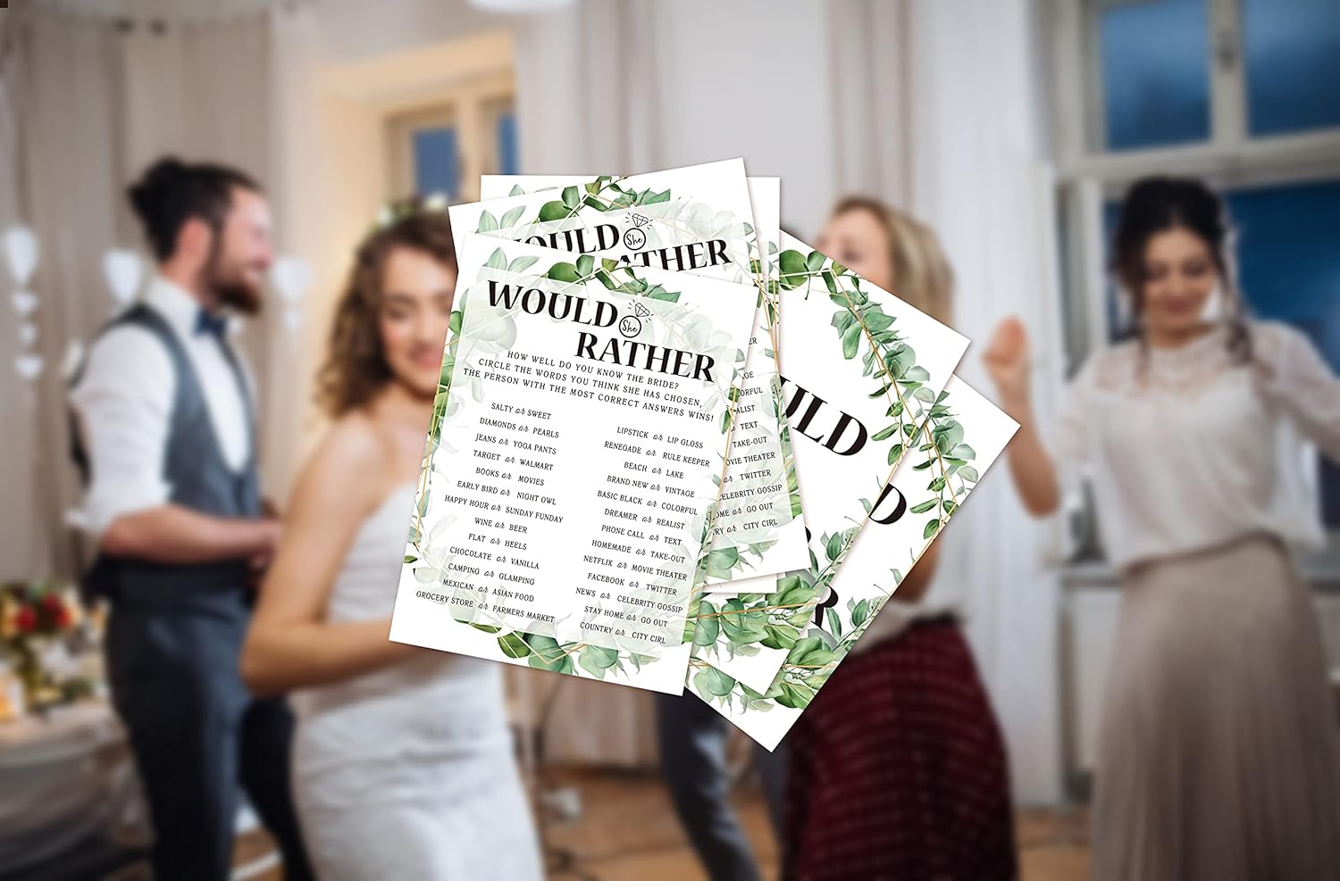 Bridal Shower Game Cards, Would She Rather Game, Tropical Jungle Theme Engagement Party Cards For Wedding, Set of 30 Cards(Leaf003)