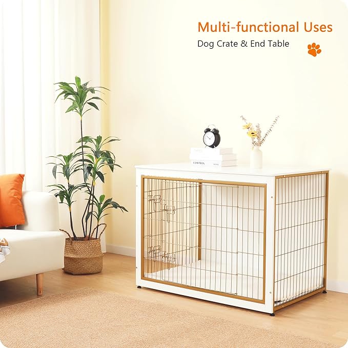 DWANTON Dog Crate Furniture with Cushion, Wooden Kennel Table with Double Doors, Indoor Dog House, Extra Large Size, 43.3" L, White+Gold-PawvioPets