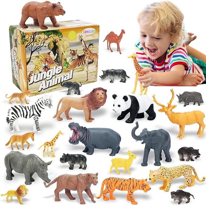 24Pcs Safari & Zoo Animals Figures, Realistic Plastic Animal Toys Set for Kids 1 2 3, Lion, Elephant, Perfect for Play, Education, Baby Shower Decor,Party Supplies Cake Topper-PawvioPets