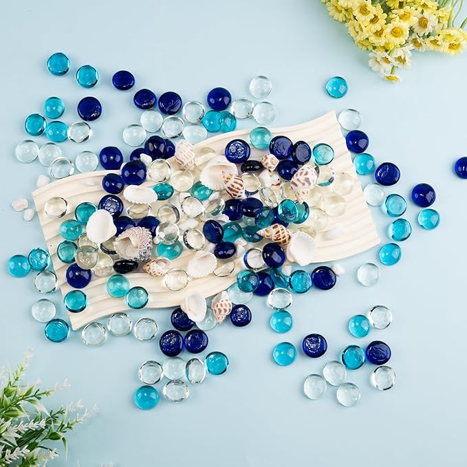1LB Mixed Blue Glass Marbles, Transparent and Smooth Flat Glass Beads for Vases, Mosaic Gem Pebbles for Aquarium Decor, Floral Arrangements, Mancala Stones, Vase Filler and Crafts (Approx. 80-100 PCS)-PawvioPets