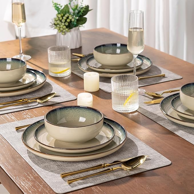 GBHOME Ceramic Dinnerware Sets for 4, 12 Pieces Stoneware Plates and Bowls Sets, Scratch Resistant Dishes, Dishwasher & Microwave Safe, Reactive Glaze-Gravel-PawvioPets