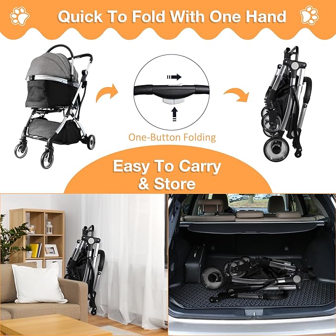 Dog Stroller for Small Medium Dogs, 3 in 1 Folding Pet Stroller Up to 33 lbs, 4 Wheels Pet Strolling Cart with Zipperless Entry, Cat Dog Travel Carrier with Telescopic Handle and Storage Basket-PawvioPets