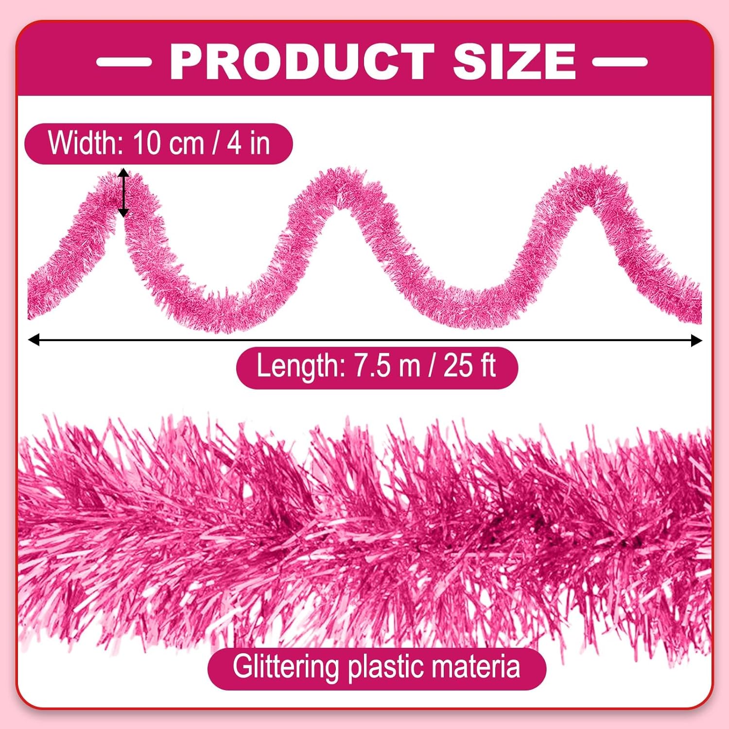 25 Feet Metallic Twist Tinsel Garland - Wall Hanging Backdrop for Holidays (Pink, 4in x 25ft)