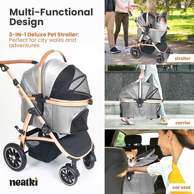 3 in 1 Pet Stroller - Stroller for Small to Medium Dogs and Cats up to 55 lbs, with Detachable Carrier/Car Seat, Foldable and Lightweight, Detachable Cushion + Cup Holder (Gray)-PawvioPets