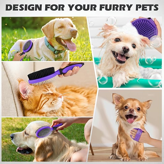 2PCS Pet Grooming Tools - Double-Sided Brush for Shedding and Bathing, Suitable for Short/Long Haired Dogs Cats and Horses, Deshedding Dog Brush, Mane & Tail Combs for Horses - Pet Supplies (Purple)-PawvioPets