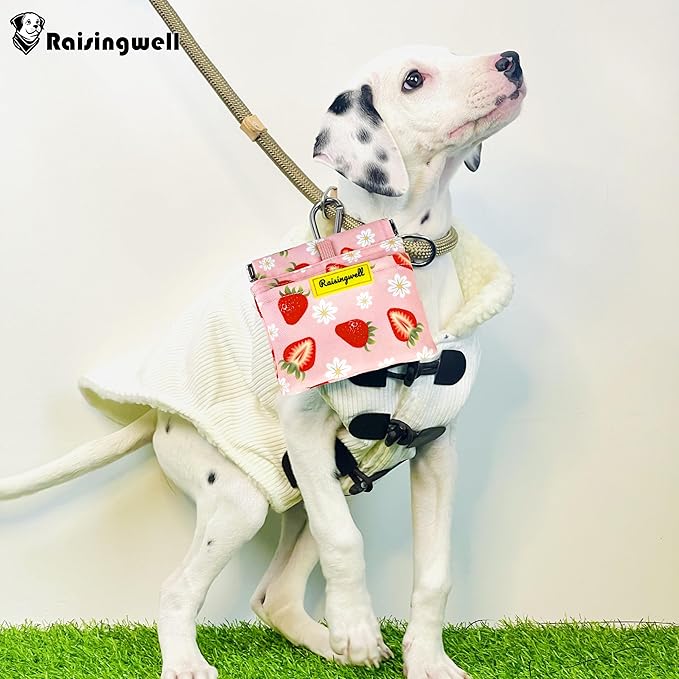 Dog Treat Pouch,Cotton Pocket Sized Training Holder, Hand Free Walking Funny Bag with Carabiner, Self-Closing Pet Feed Snack Reward, Behavior Aids for Puppy Travel or Outdoor Use（Strawberry）-PawvioPets
