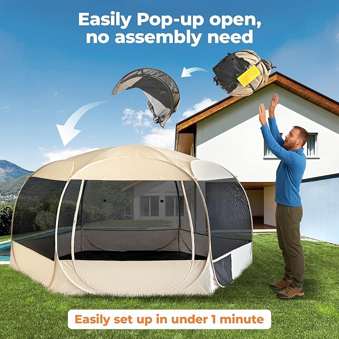 EighteenTek XXLarge Popup Portable Dog Houses, 10'x4.8'H Assembly-Free Gazebo-Style Dog Cot Cat Playpen Screen Pet Tent Sun Shade Shelter Dog Bed with Canopy for Outdoor Anti-Bugs with Leakproof Floor-PawvioPets