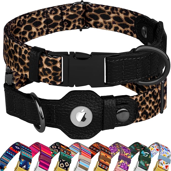 AirTag Dog Collar for Small Medium Large Breed - Adjustable Cute Pattern Dog Collar with Airtag Holder - Soft Leather Tracker GPS Apple Air Tag Pet Collars (Medium, 14"-18" Neck Fit, Leopard)-PawvioPets