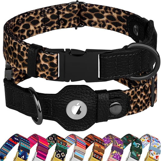 AirTag Dog Collar for Small Medium Large Breed - Adjustable Cute Pattern Dog Collar with Airtag Holder - Soft Leather Tracker GPS Apple Air Tag Pet Collars (Medium, 14"-18" Neck Fit, Leopard)-PawvioPets