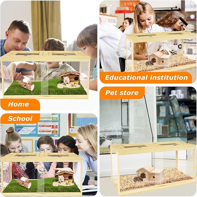 32" Hamster Habitat Enclosure, Lockable Sliding Door Gerbil Cage, Dwarf Hamster Cage with Metal Mesh Roof, Chewproof Syrian Hamster Cage for Mice, Small Animal, (Wooden, 32" L x 16" W x 16" H)-PawvioPets