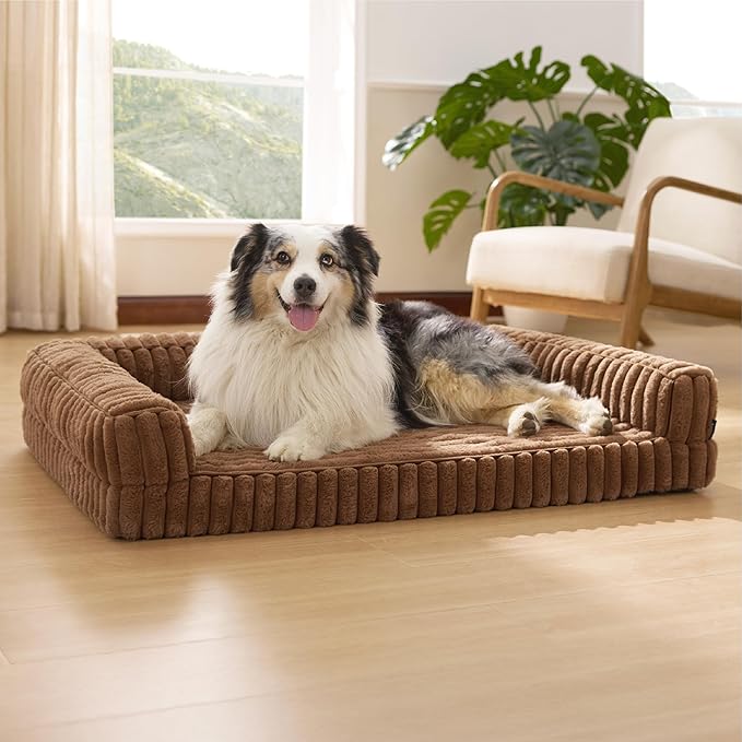 Bedsure Orthopedic Dog Beds for Extra Large Dogs, Waterproof Memory Foam XL Pet Bed with Sides, Non-Slip and Egg-Crate Foam Big Dog Couch Sofa with Washable Removable Corduroy Cover, Brown-PawvioPets