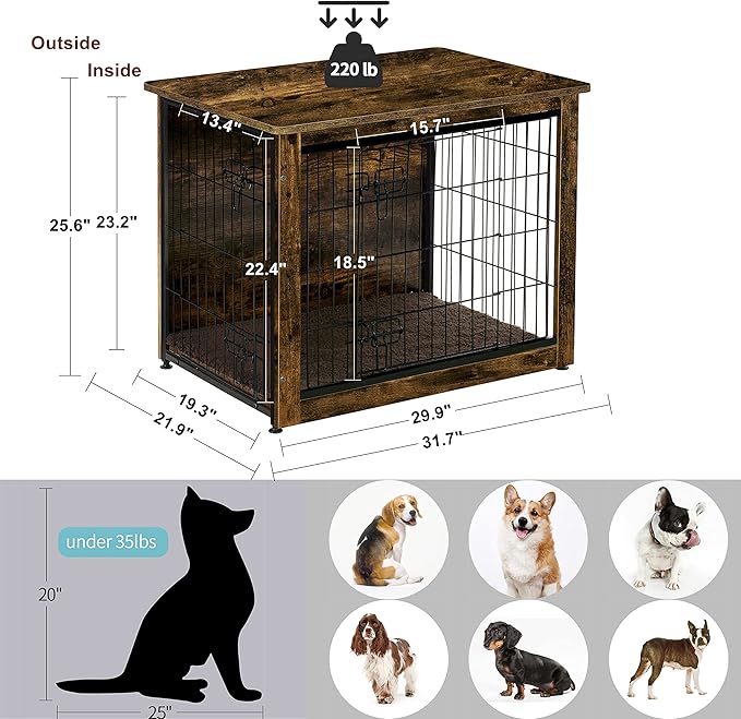 DWANTON Dog Crate Furniture with Cushion, Wooden Kennel Table with Double Doors, Indoor Dog House, Medium Size, 32.5" L, Rustic Brown-PawvioPets